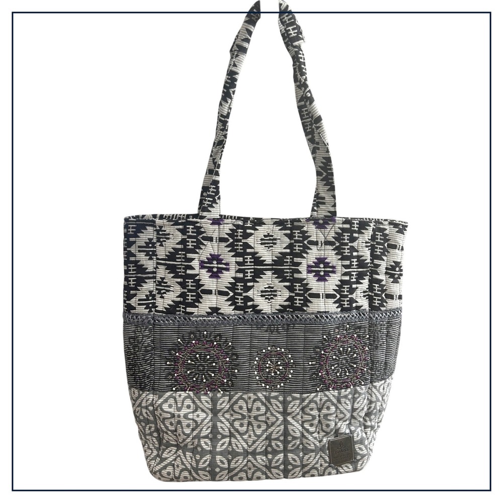 prAna Quilted‎ Cotton Tote Bag Mixed Geometric Print Beaded Grey Black Purple